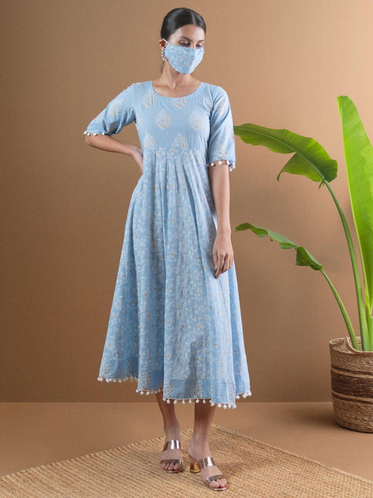 Blue Printed Cotton Dress With Mask