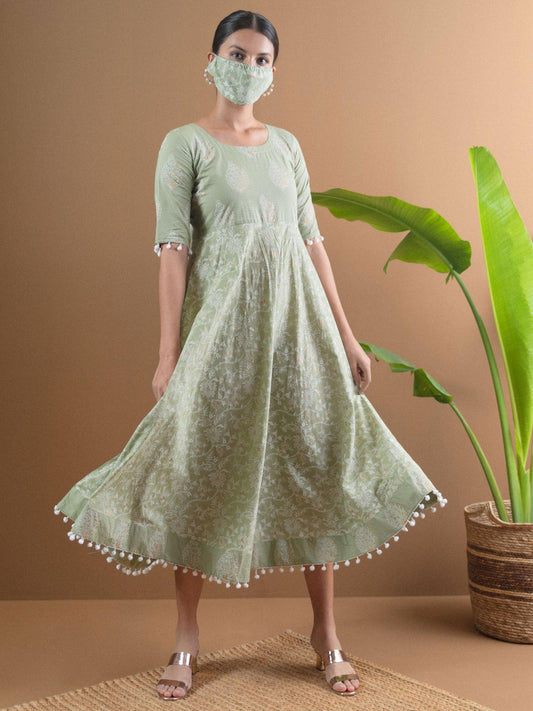 Green Printed Cotton Dress With Mask